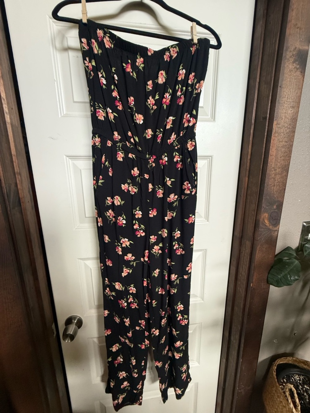 Vintage Pink Floral on Black Strapless Elastic Waist Straight-Leg Jumpsuit
